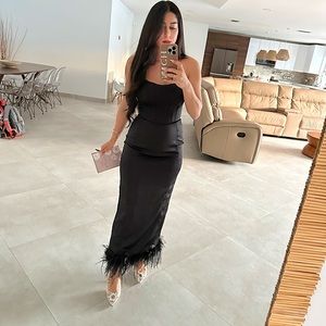 Feather trim corset dress